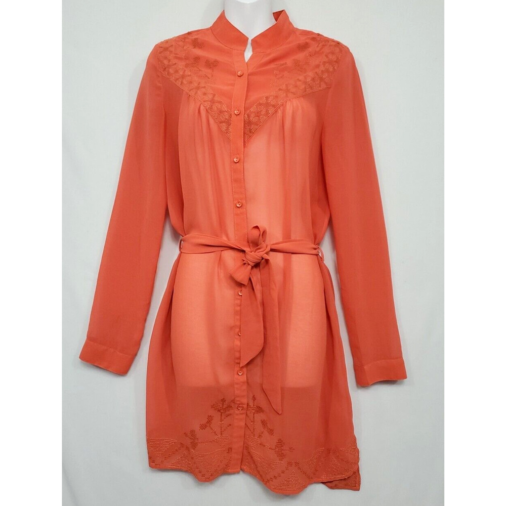 Maude Sheer Dress Women S Embroidered Button Front Terracotta Belted Long Sleeve